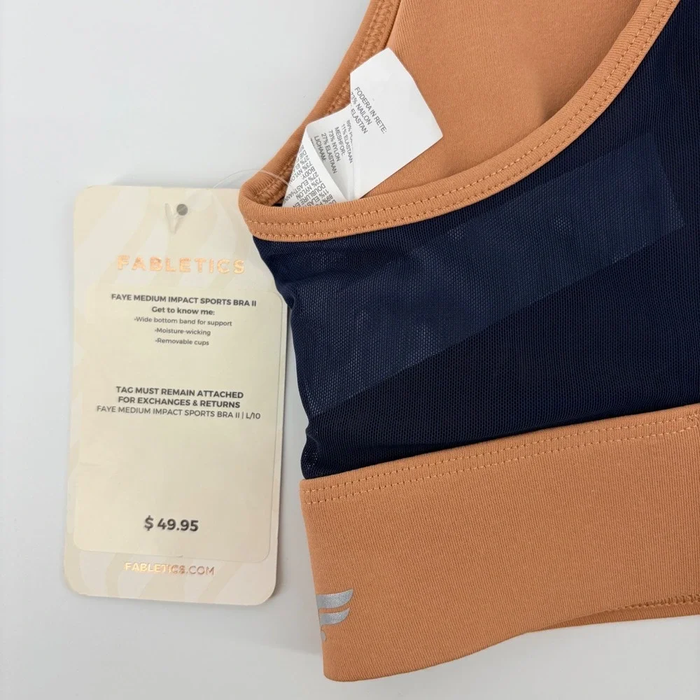Fabletics Faye Medium Impact Sports Bra II Navy Blue Tan Mesh Strappy Large NEW - Picture 3 of 7